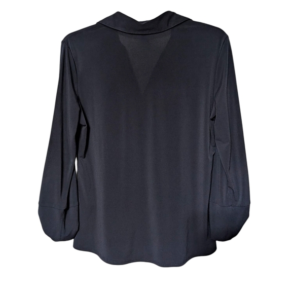 Ellen Tracy Navy Blue V-neckline Gathered Button Front 3/4 Sleeve Blouse Size S - Picture 2 of 7